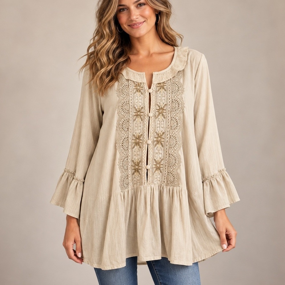 NWOT LOGO Lavish Lori Goldstein Beige Lace Beaded Tunic Top Ruffle Sleeve Sz Lg